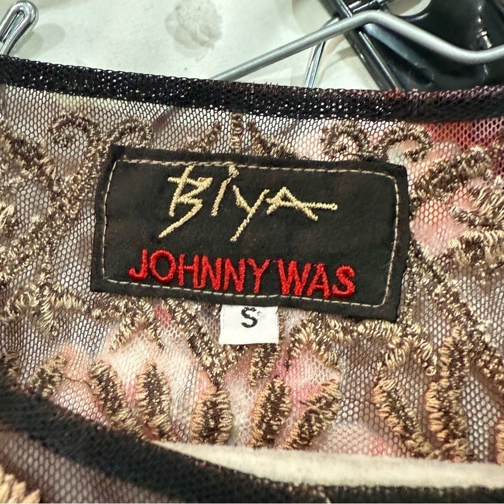 Johnny Was Dress Mesh Mini Long Sleeve in Brown Embroidered - Picture 3 of 4